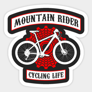 Mountain rider, cycling life art with red back cassette or back pinion and white mountan bycicle. Vintage bike design ideal for stamps Sticker